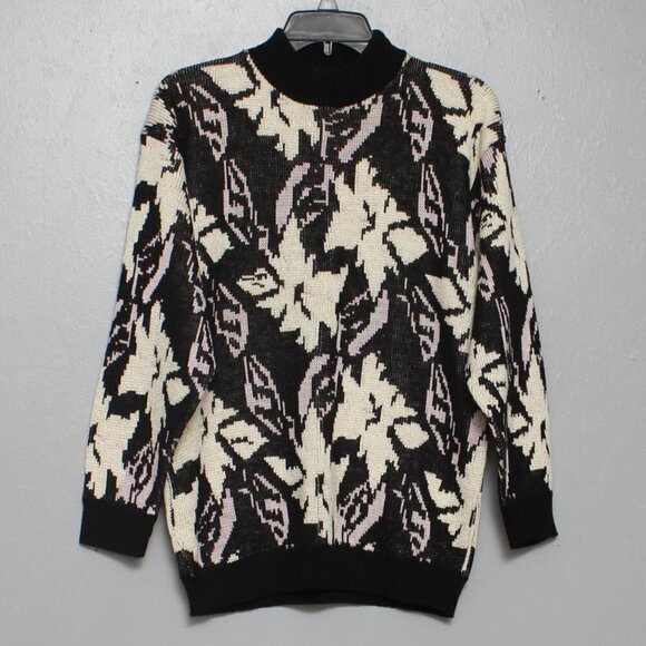 Vintage glamour knit abstract floral black cream lavender sweater - Picture 1 of 7